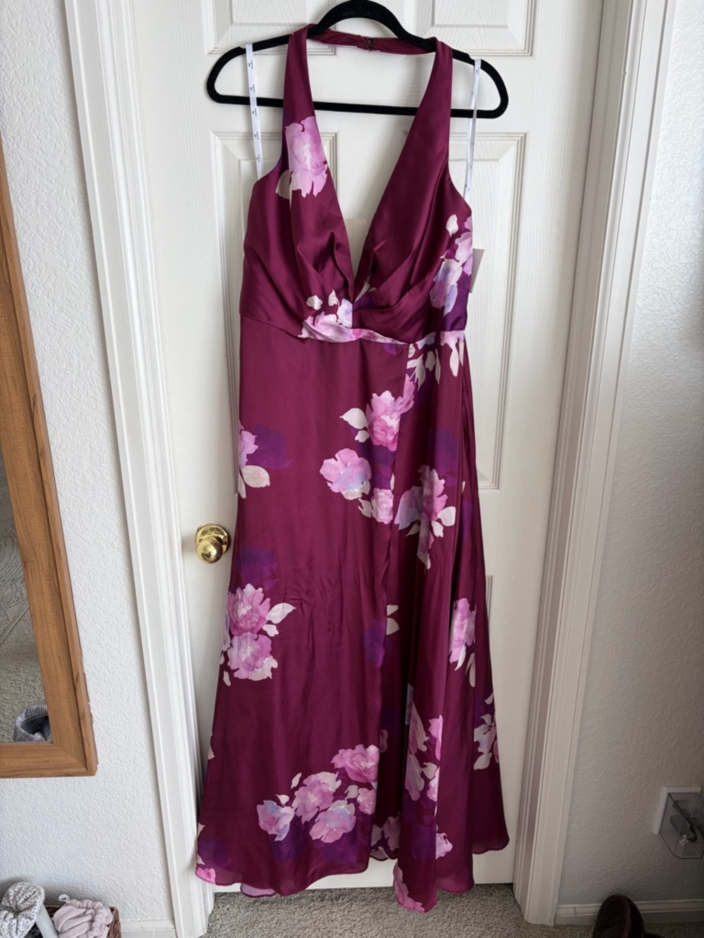 David's Bridal Plum Floral V-Neck Maxi Dress